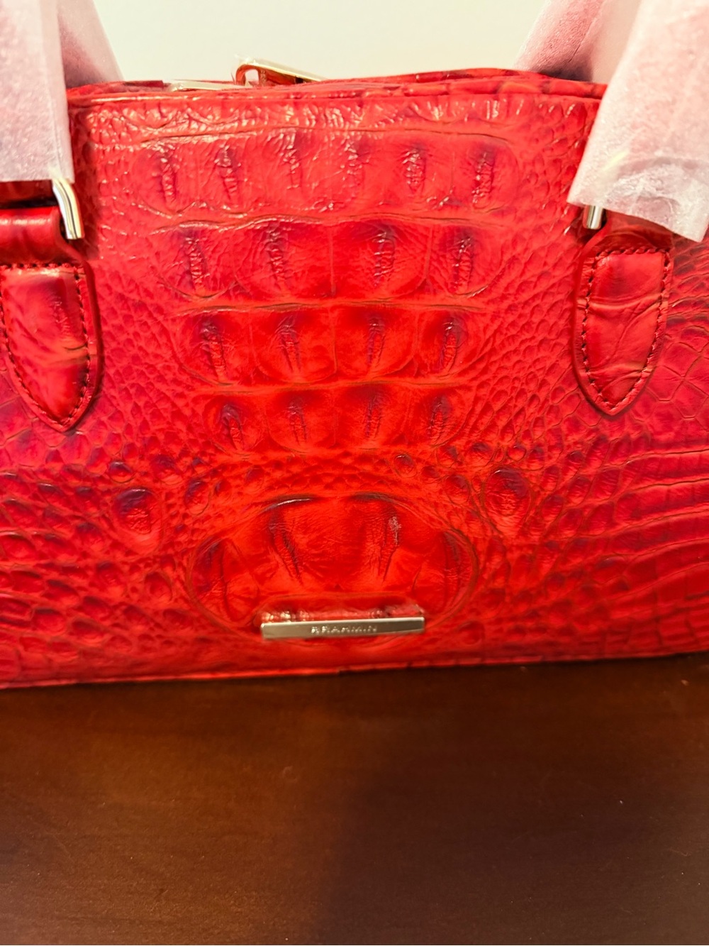 Brahmin Red Angie Croc-Embossed Dome Satchel in Salsa Alden Road. - Picture 3 of 3